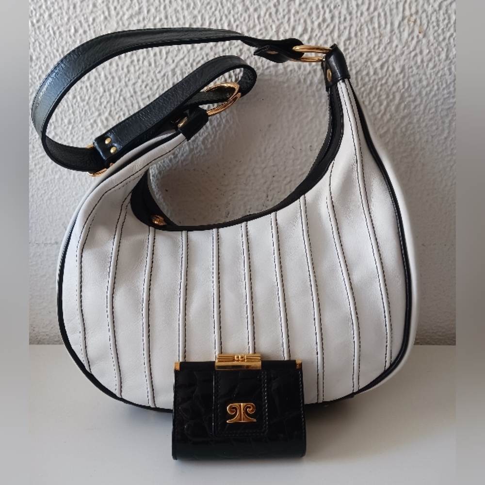 MARINO ORLANDI WHITE/BLACK GENUINE LEATHER Shoulder bag +Pierre Cardin coin purs